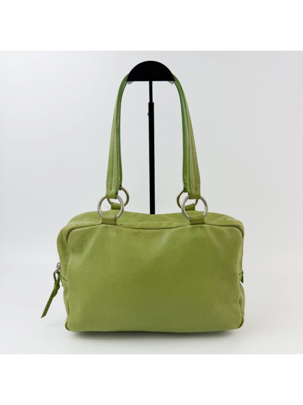 Miu Miu Logo Plate Mini Boston Shoulder Bag Leather Lime Green Silver Vintage